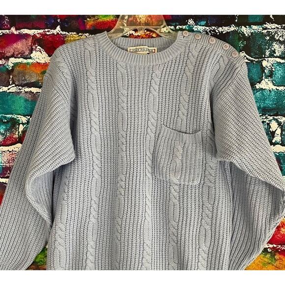Vintage Joan Harper Chunky Cable Knit Pocket Sweater Medium Light Blue - Picture 6 of 9